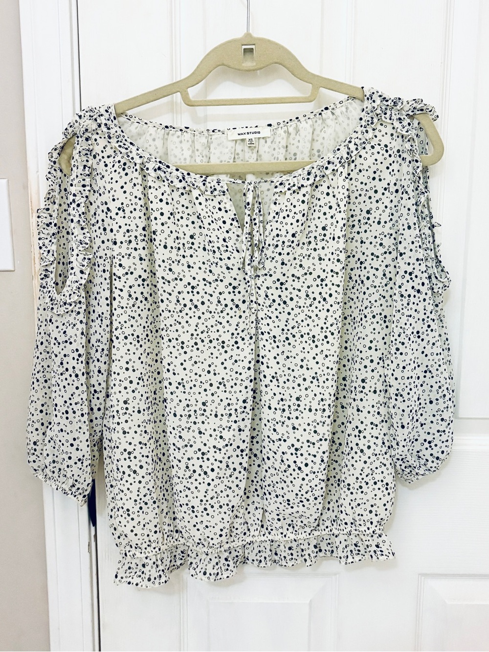 Max Studio Cold Shoulder Polka Dotted Long Sleeve Blouse